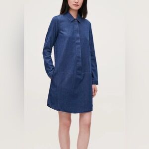 Cos 100% Cotton A-Line Denim Shirt Dress Size 10 Long Sleeve Classic Minimalist